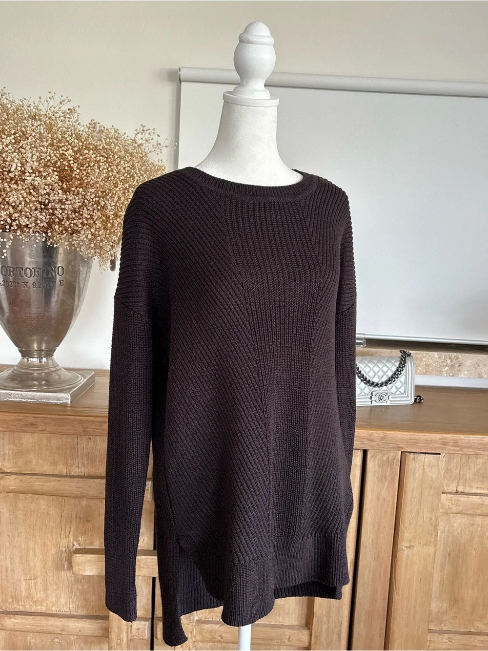 ATHLETA Merino Wool Blend Ribbed Sweater M Dark Chocolate High Low Tunic Cottage - Picture 7 of 14